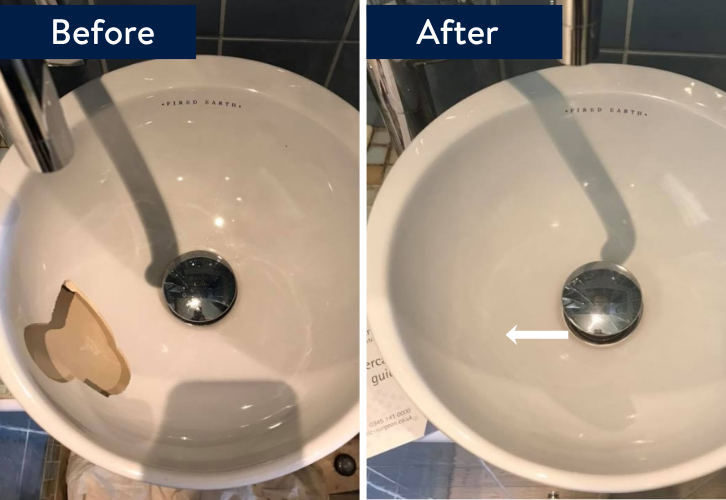 Reparación de un lavabo de baño desconchado: antes y después