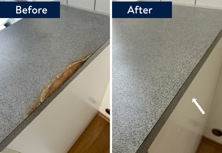 Reparación del borde de una encimera de cocina: antes y después