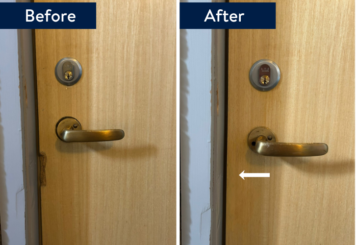 Reparación de una puerta dañada por robo: antes y después
